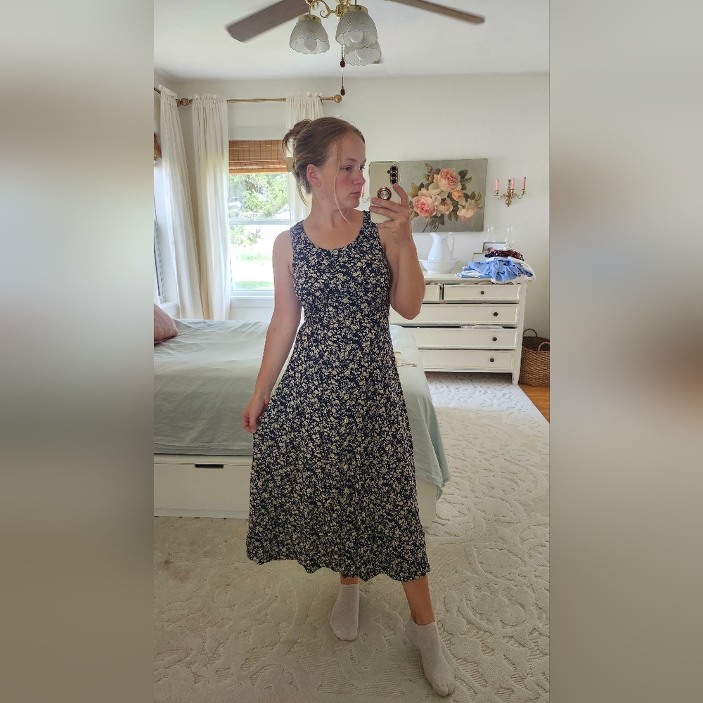 Vintage Floral RayonSleeveless Maxi Dress - Navy and Cream - Picture 4 of 7